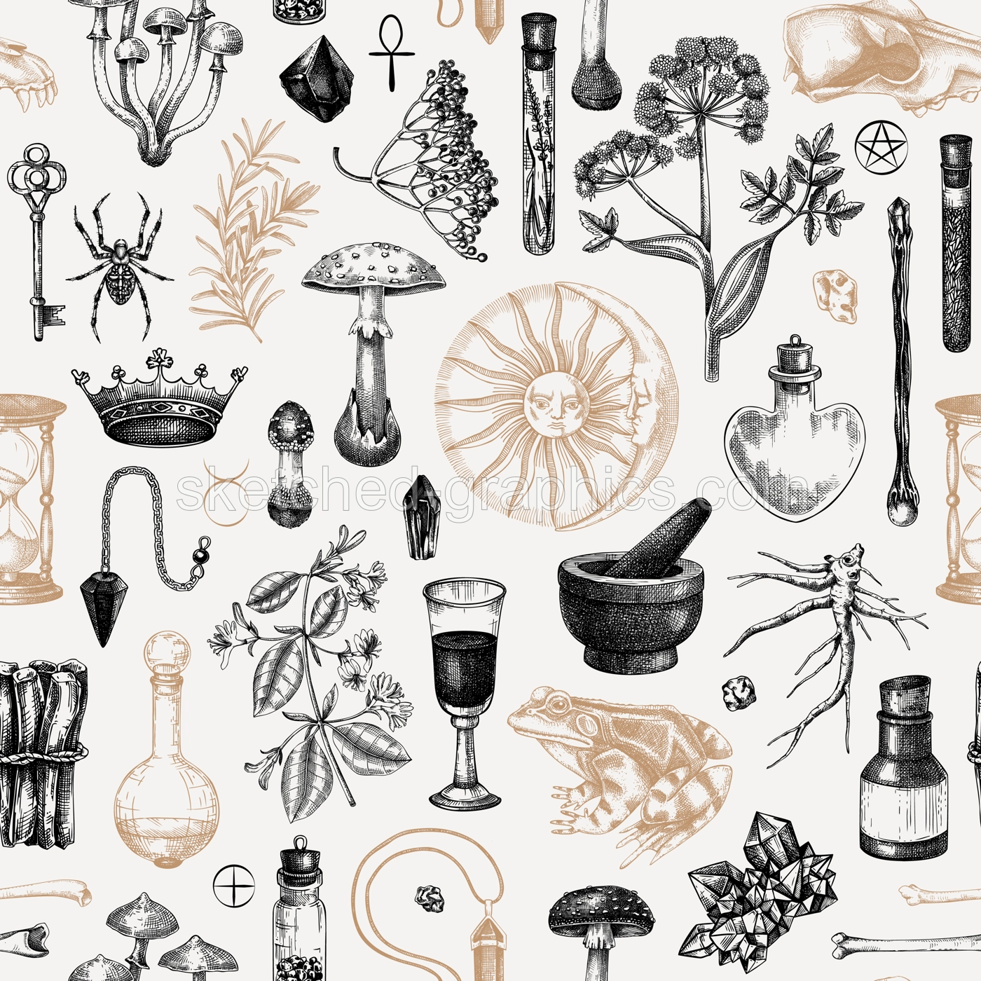 Witchraft seamless pattern. Bohemian background. Magic ingredients and floral elements. Antique apothecary, alchemy, tarot card design. NOT AI generated Illustration